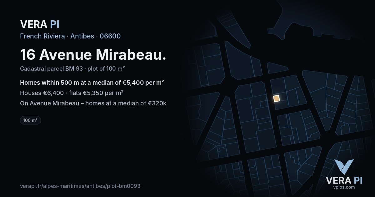 16 Avenue Mirabeau, Antibes at night – the plot lit, the parcels around coloured by the prices near them
