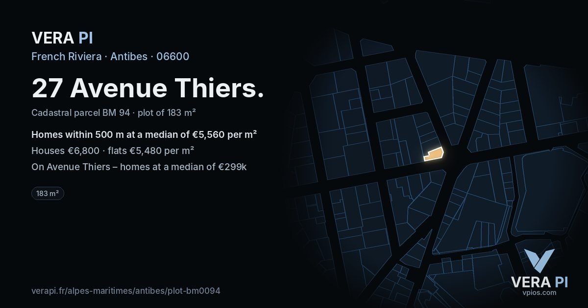 27 Avenue Thiers, Antibes at night – the plot lit, the parcels around coloured by the prices near them