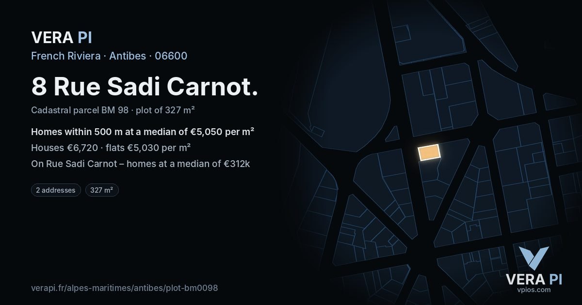 8 Rue Sadi Carnot, Antibes at night – the plot lit, the parcels around coloured by the prices near them
