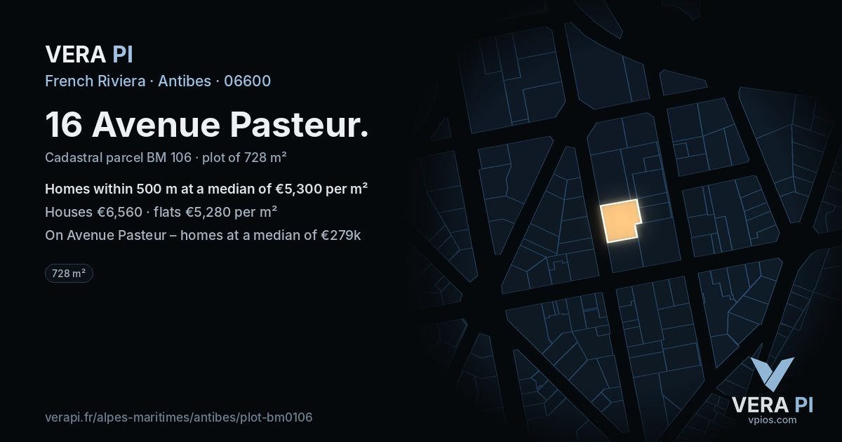 16 Avenue Pasteur, Antibes at night – the plot lit, the parcels around coloured by the prices near them
