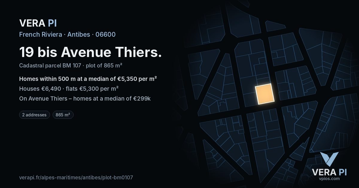 19 bis Avenue Thiers, Antibes at night – the plot lit, the parcels around coloured by the prices near them