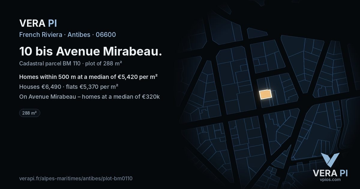 10 bis Avenue Mirabeau, Antibes at night – the plot lit, the parcels around coloured by the prices near them