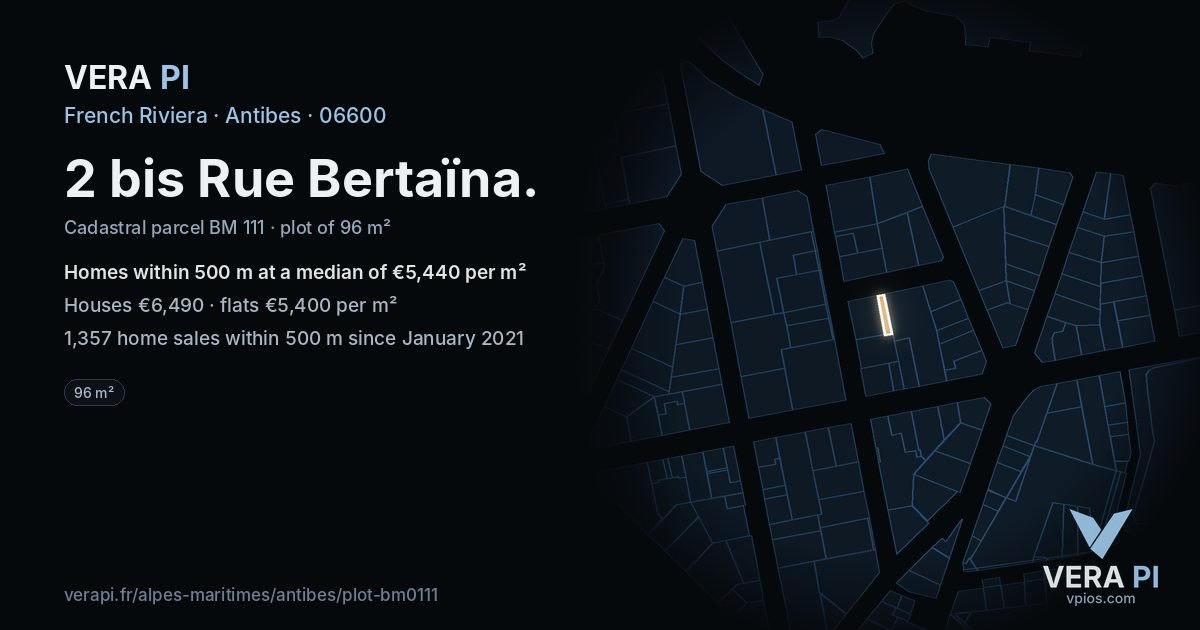 2 bis Rue Bertaïna, Antibes at night – the plot lit, the parcels around coloured by the prices near them