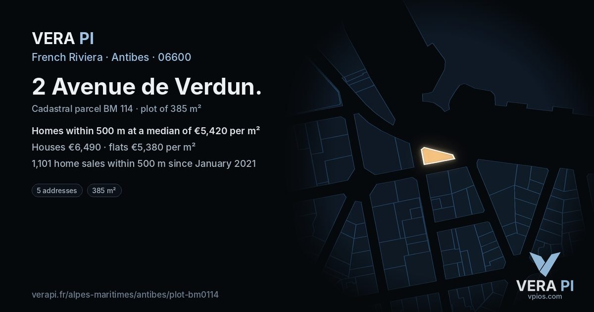 2 Avenue de Verdun, Antibes at night – the plot lit, the parcels around coloured by the prices near them