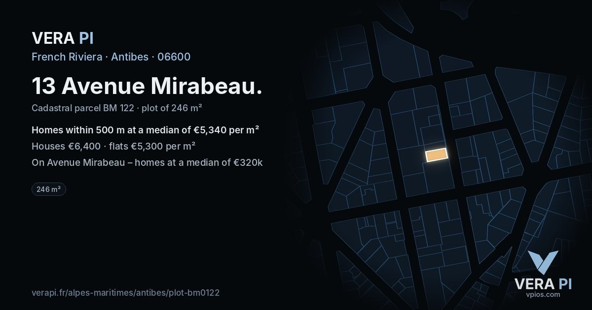 13 Avenue Mirabeau, Antibes at night – the plot lit, the parcels around coloured by the prices near them