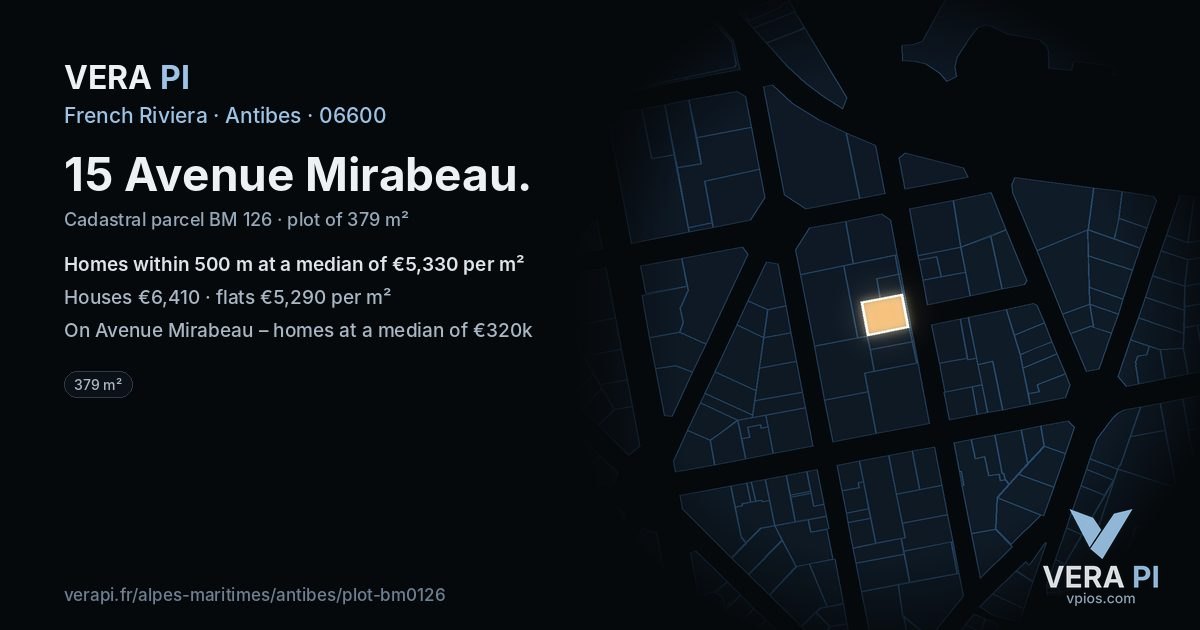 15 Avenue Mirabeau, Antibes at night – the plot lit, the parcels around coloured by the prices near them