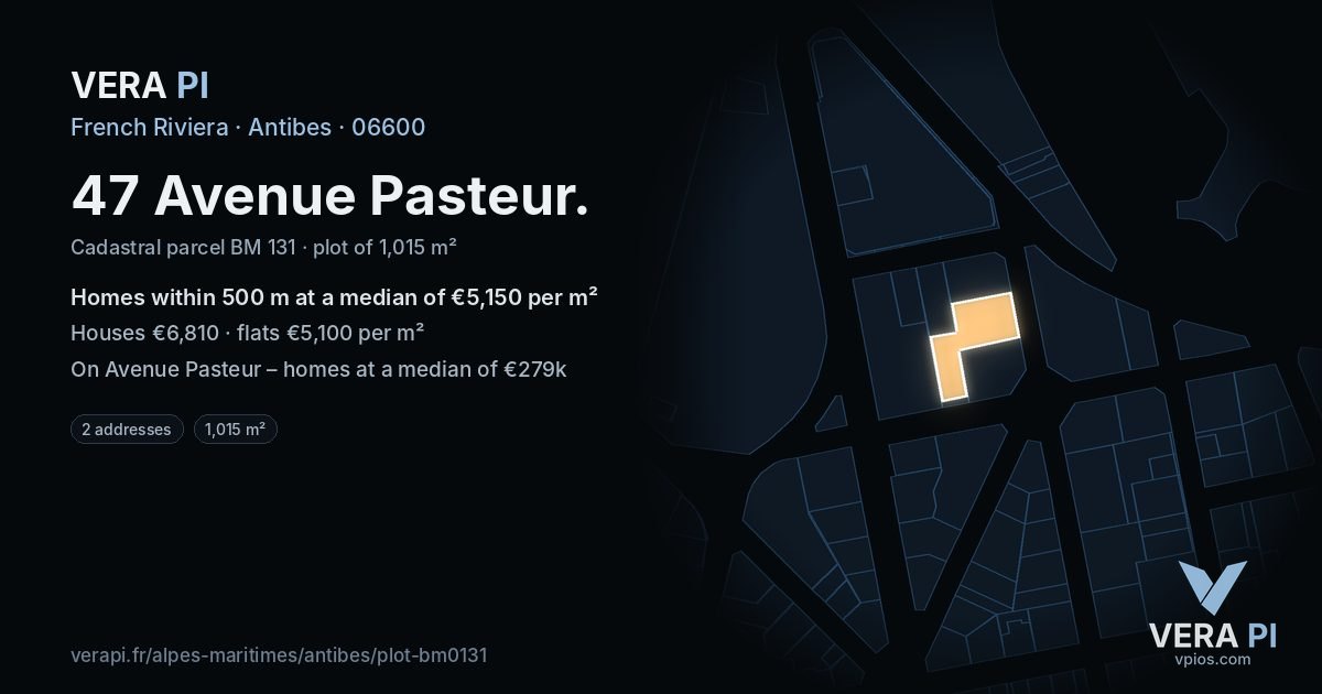 47 Avenue Pasteur, Antibes at night – the plot lit, the parcels around coloured by the prices near them