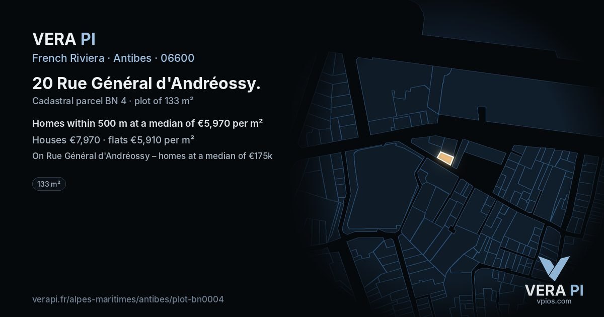 20 Rue Général d'Andréossy, Antibes at night – the plot lit, the parcels around coloured by the prices near them