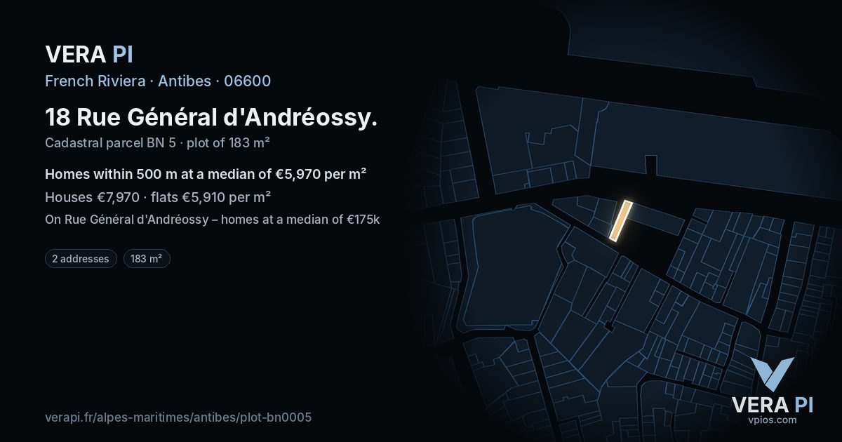 18 Rue Général d'Andréossy, Antibes at night – the plot lit, the parcels around coloured by the prices near them