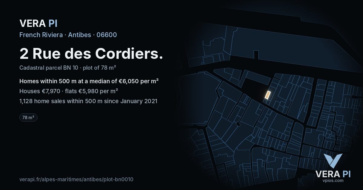 2 Rue des Cordiers, Antibes at night – the plot lit, the parcels around coloured by the prices near them