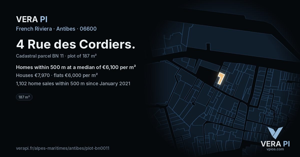 4 Rue des Cordiers, Antibes at night – the plot lit, the parcels around coloured by the prices near them
