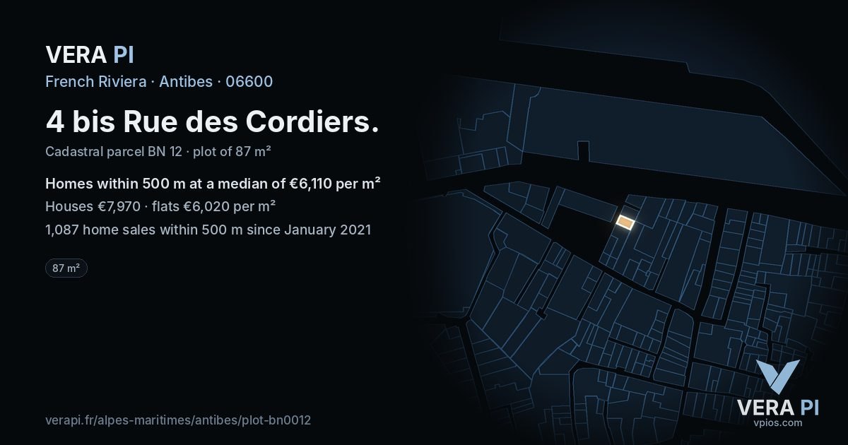 4 bis Rue des Cordiers, Antibes at night – the plot lit, the parcels around coloured by the prices near them