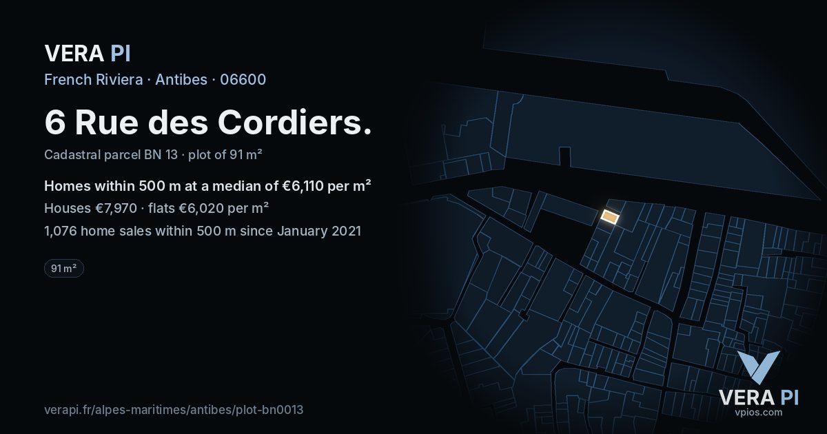 6 Rue des Cordiers, Antibes at night – the plot lit, the parcels around coloured by the prices near them