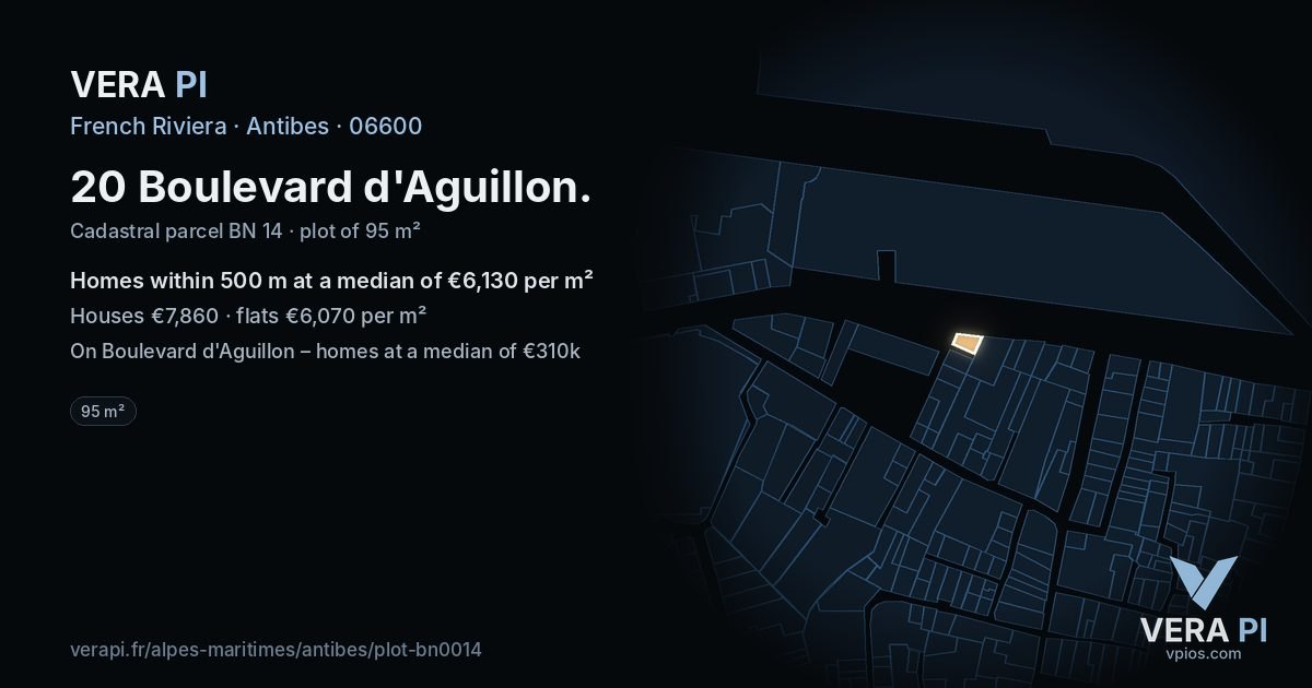 20 Boulevard d'Aguillon, Antibes at night – the plot lit, the parcels around coloured by the prices near them