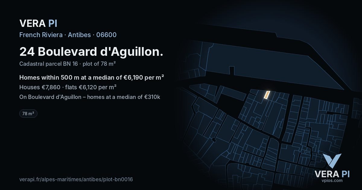 24 Boulevard d'Aguillon, Antibes at night – the plot lit, the parcels around coloured by the prices near them