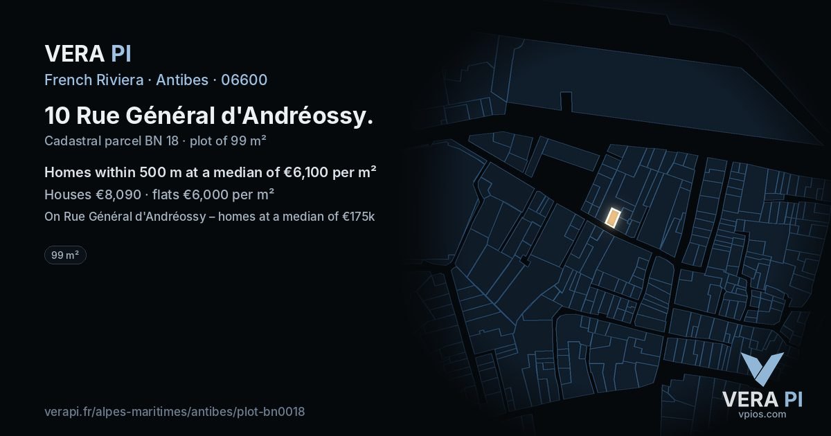 10 Rue Général d'Andréossy, Antibes at night – the plot lit, the parcels around coloured by the prices near them