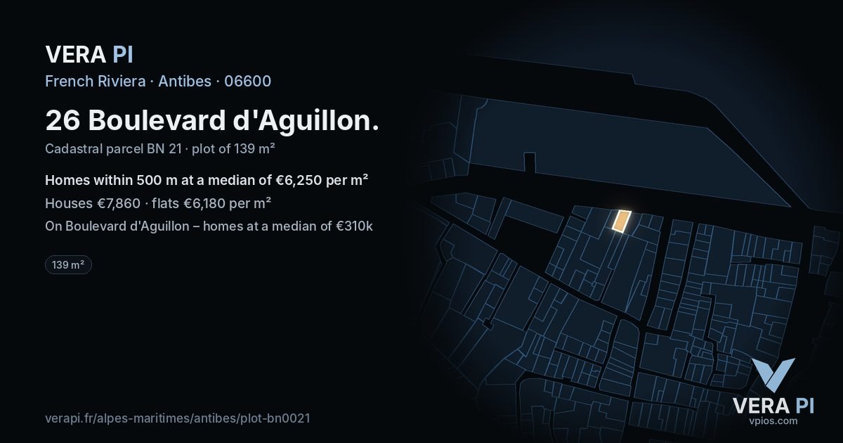 26 Boulevard d'Aguillon, Antibes at night – the plot lit, the parcels around coloured by the prices near them