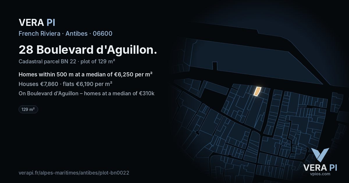 28 Boulevard d'Aguillon, Antibes at night – the plot lit, the parcels around coloured by the prices near them