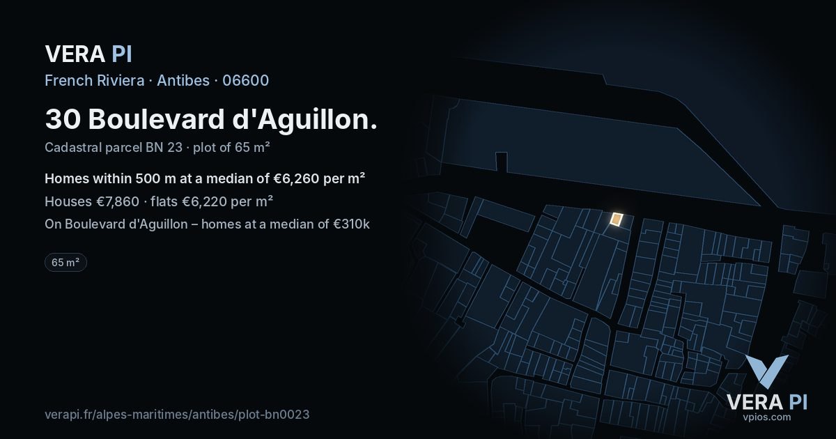 30 Boulevard d'Aguillon, Antibes at night – the plot lit, the parcels around coloured by the prices near them