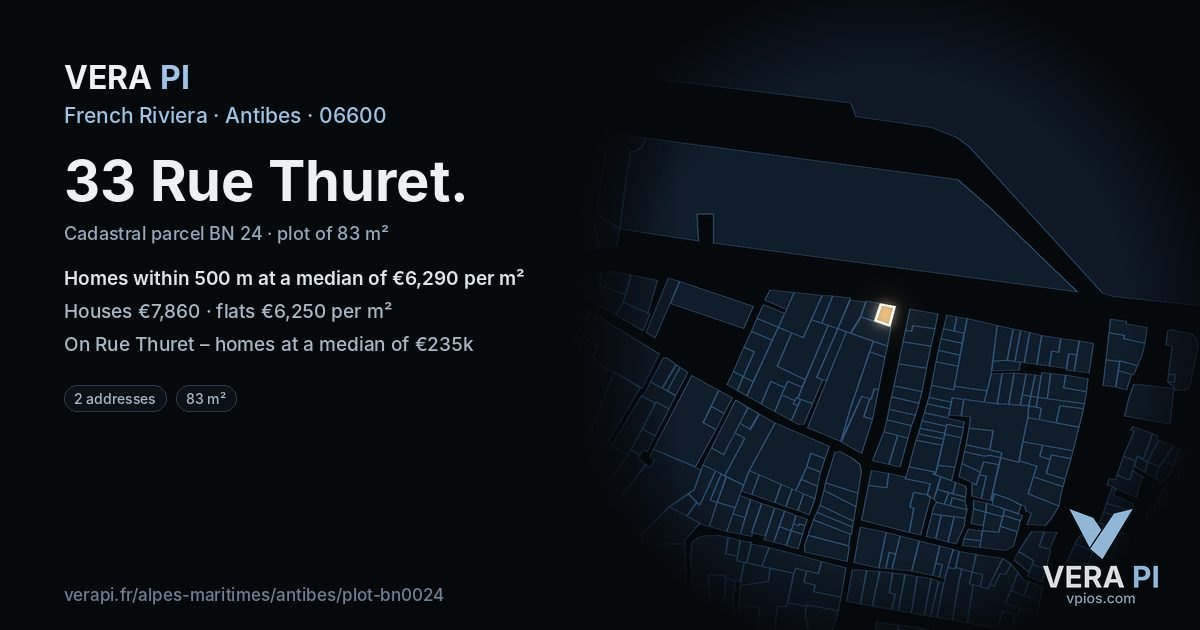 33 Rue Thuret, Antibes at night – the plot lit, the parcels around coloured by the prices near them