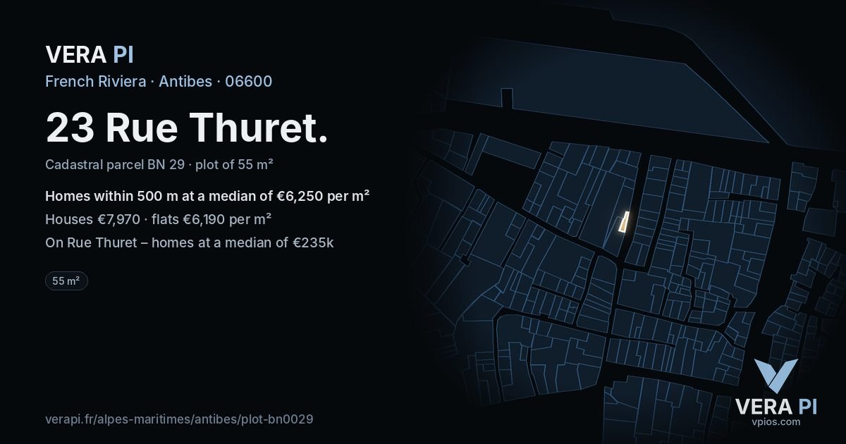 23 Rue Thuret, Antibes at night – the plot lit, the parcels around coloured by the prices near them