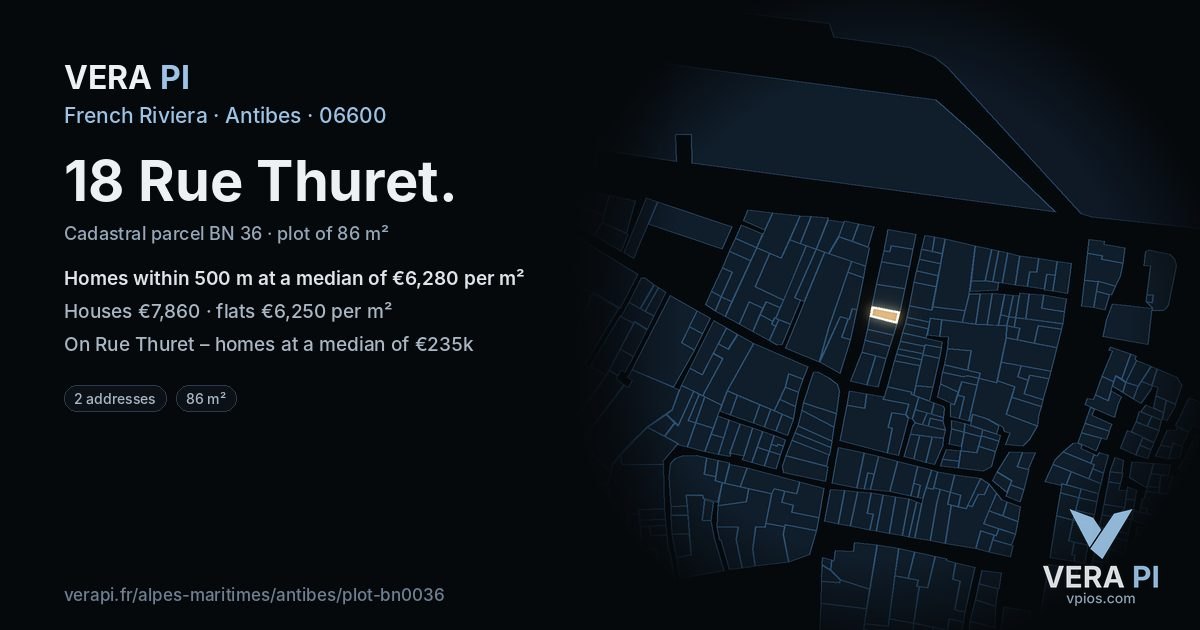 18 Rue Thuret, Antibes at night – the plot lit, the parcels around coloured by the prices near them