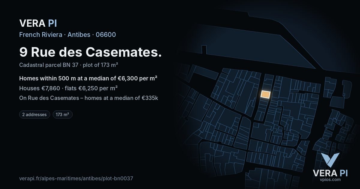 9 Rue des Casemates, Antibes at night – the plot lit, the parcels around coloured by the prices near them