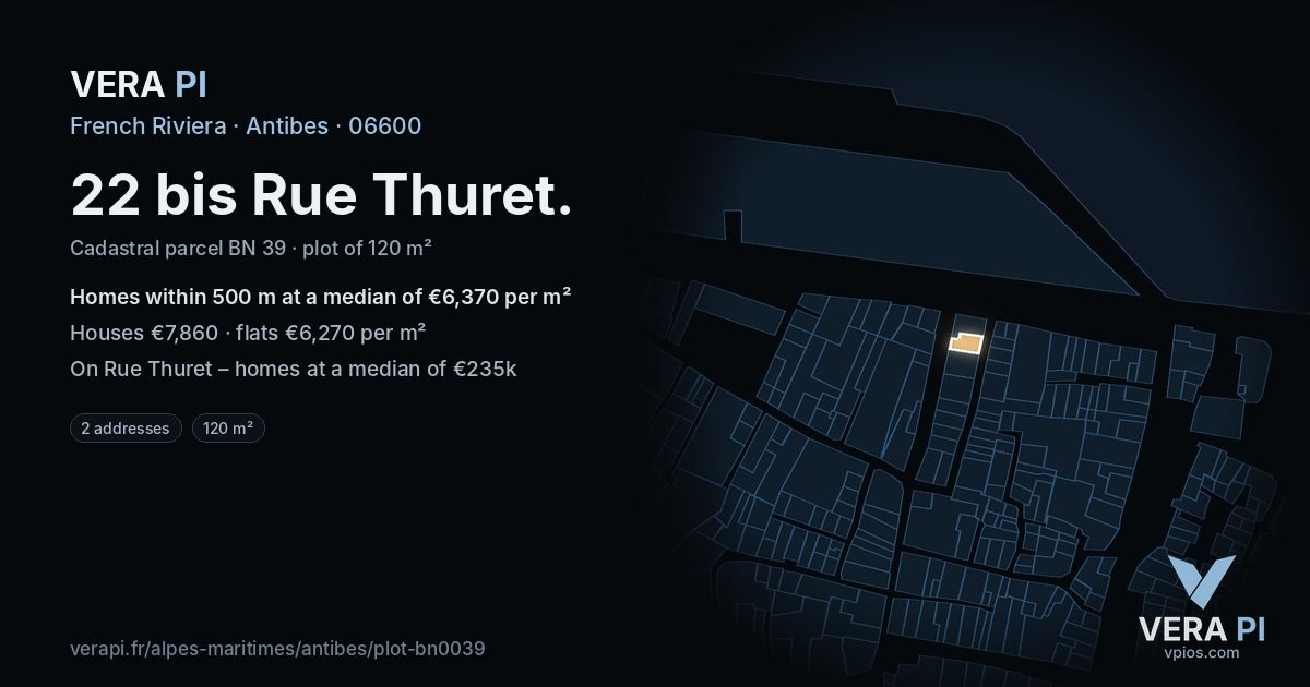 22 bis Rue Thuret, Antibes at night – the plot lit, the parcels around coloured by the prices near them