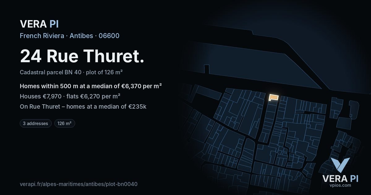 24 Rue Thuret, Antibes at night – the plot lit, the parcels around coloured by the prices near them