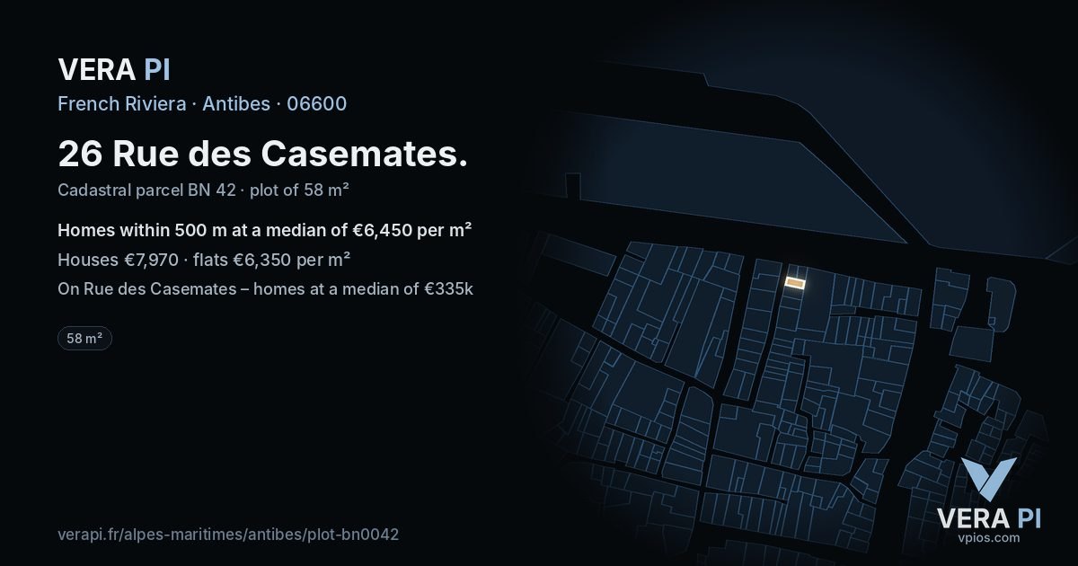 26 Rue des Casemates, Antibes at night – the plot lit, the parcels around coloured by the prices near them