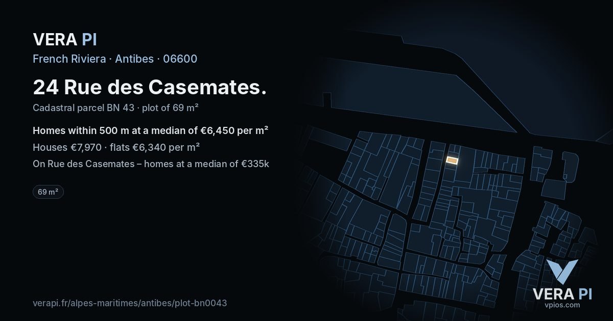 24 Rue des Casemates, Antibes at night – the plot lit, the parcels around coloured by the prices near them
