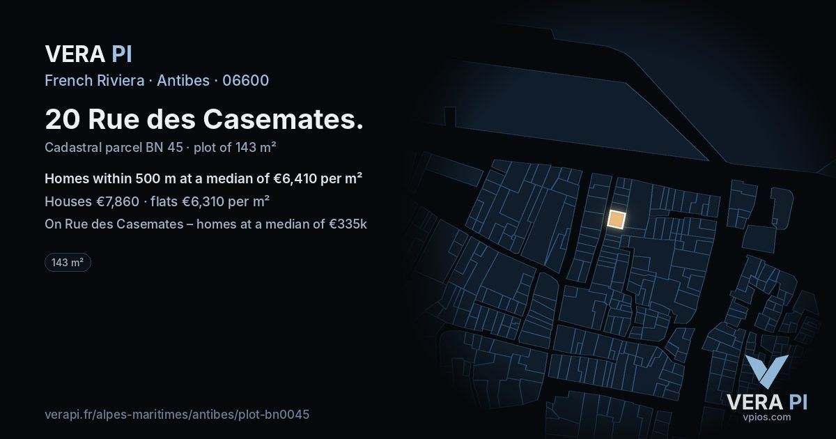 20 Rue des Casemates, Antibes at night – the plot lit, the parcels around coloured by the prices near them