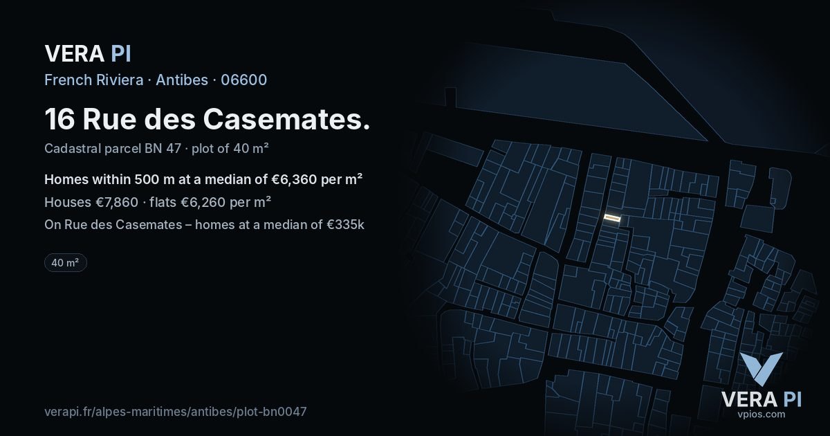 16 Rue des Casemates, Antibes at night – the plot lit, the parcels around coloured by the prices near them