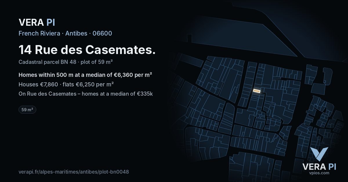 14 Rue des Casemates, Antibes at night – the plot lit, the parcels around coloured by the prices near them