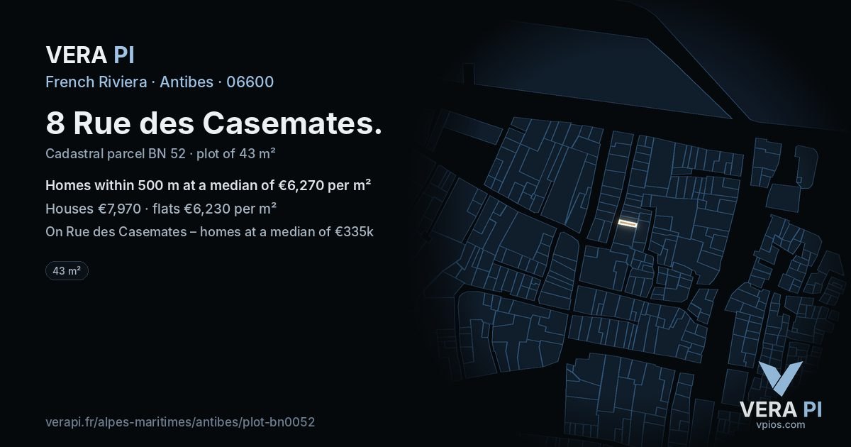 8 Rue des Casemates, Antibes at night – the plot lit, the parcels around coloured by the prices near them