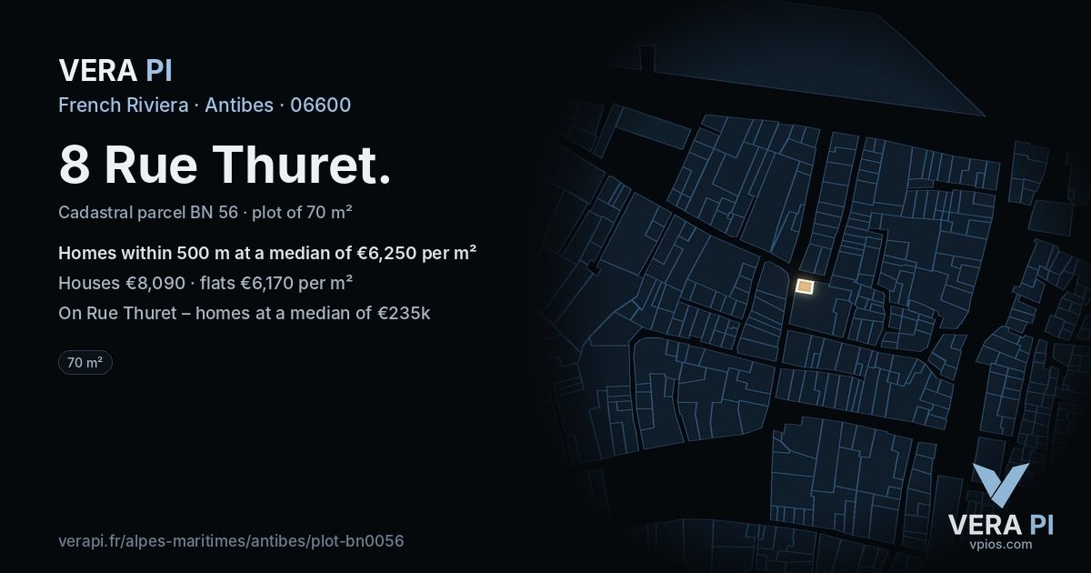 8 Rue Thuret, Antibes at night – the plot lit, the parcels around coloured by the prices near them
