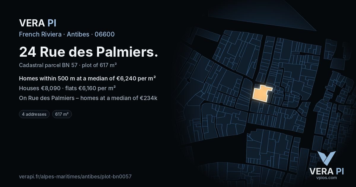 24 Rue des Palmiers, Antibes at night – the plot lit, the parcels around coloured by the prices near them