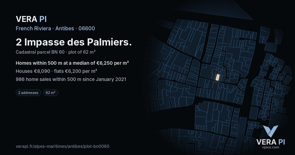 2 Impasse des Palmiers, Antibes at night – the plot lit, the parcels around coloured by the prices near them