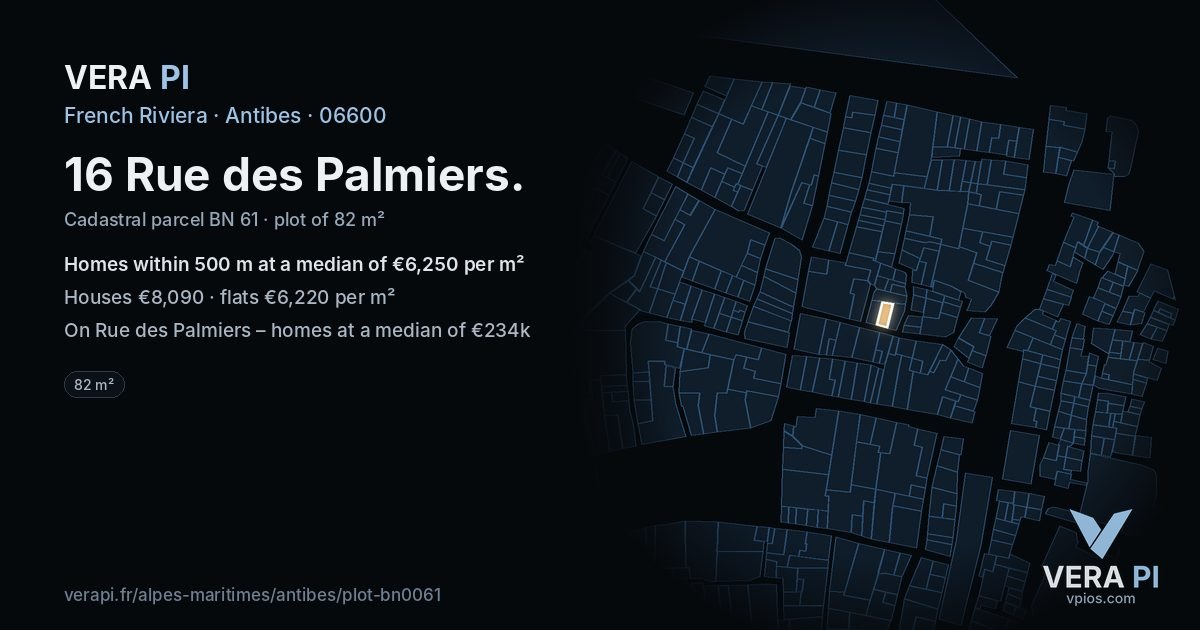 16 Rue des Palmiers, Antibes at night – the plot lit, the parcels around coloured by the prices near them
