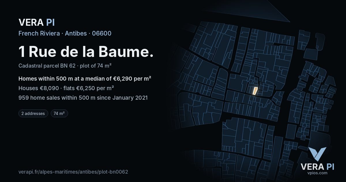 1 Rue de la Baume, Antibes at night – the plot lit, the parcels around coloured by the prices near them