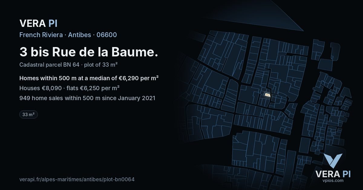 3 bis Rue de la Baume, Antibes at night – the plot lit, the parcels around coloured by the prices near them