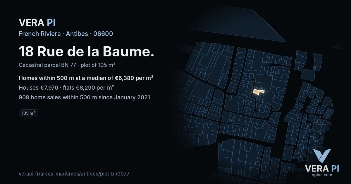 18 Rue de la Baume, Antibes at night – the plot lit, the parcels around coloured by the prices near them