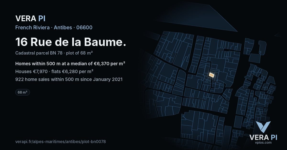 16 Rue de la Baume, Antibes at night – the plot lit, the parcels around coloured by the prices near them