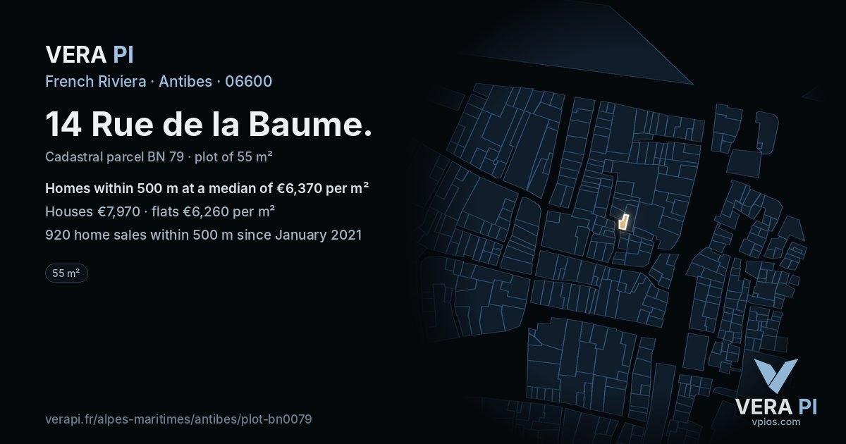 14 Rue de la Baume, Antibes at night – the plot lit, the parcels around coloured by the prices near them