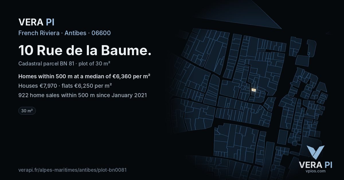 10 Rue de la Baume, Antibes at night – the plot lit, the parcels around coloured by the prices near them