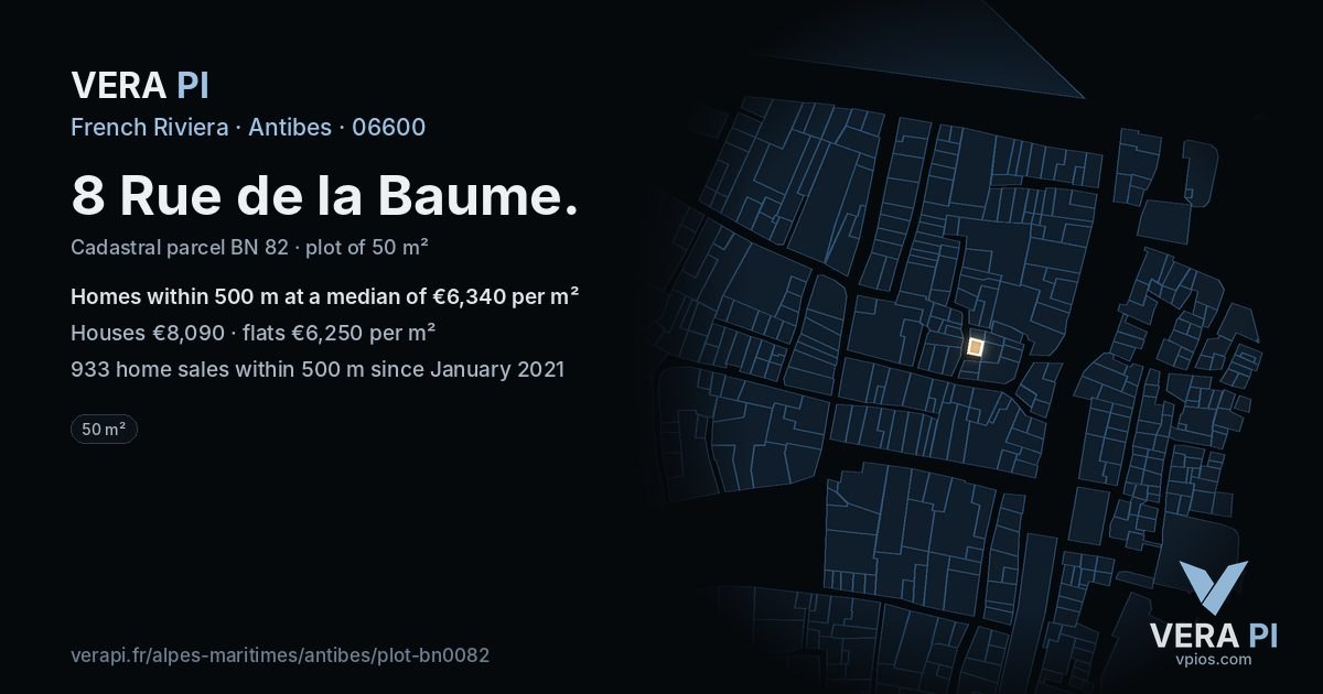 8 Rue de la Baume, Antibes at night – the plot lit, the parcels around coloured by the prices near them