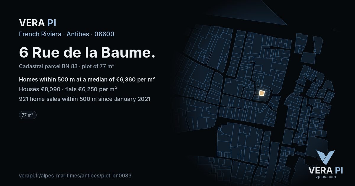 6 Rue de la Baume, Antibes at night – the plot lit, the parcels around coloured by the prices near them