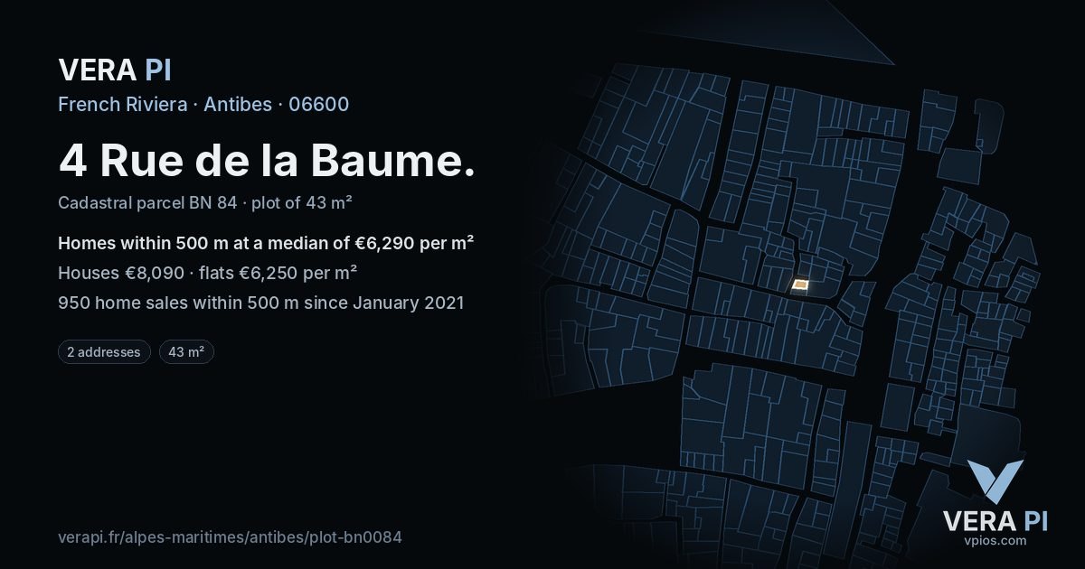 4 Rue de la Baume, Antibes at night – the plot lit, the parcels around coloured by the prices near them