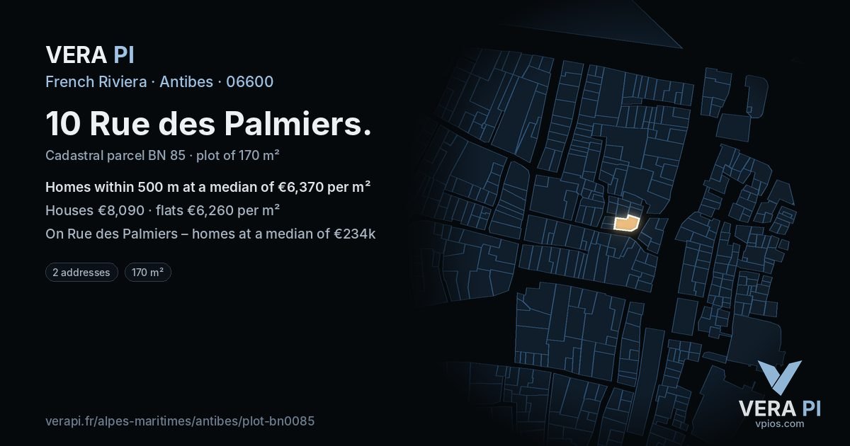 10 Rue des Palmiers, Antibes at night – the plot lit, the parcels around coloured by the prices near them