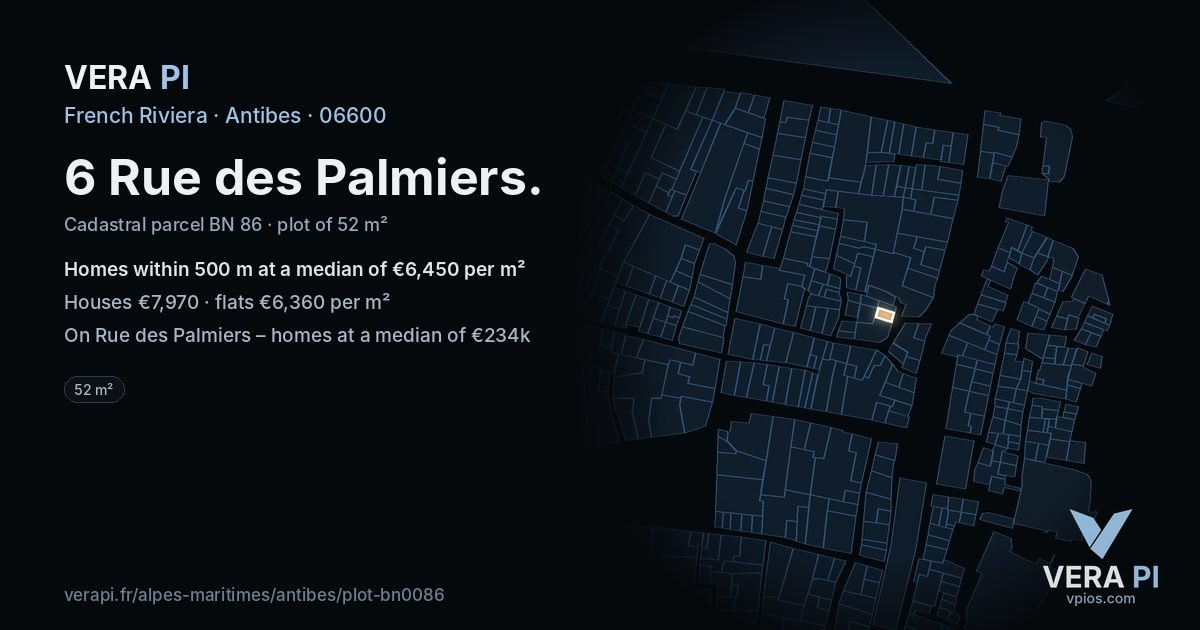 6 Rue des Palmiers, Antibes at night – the plot lit, the parcels around coloured by the prices near them